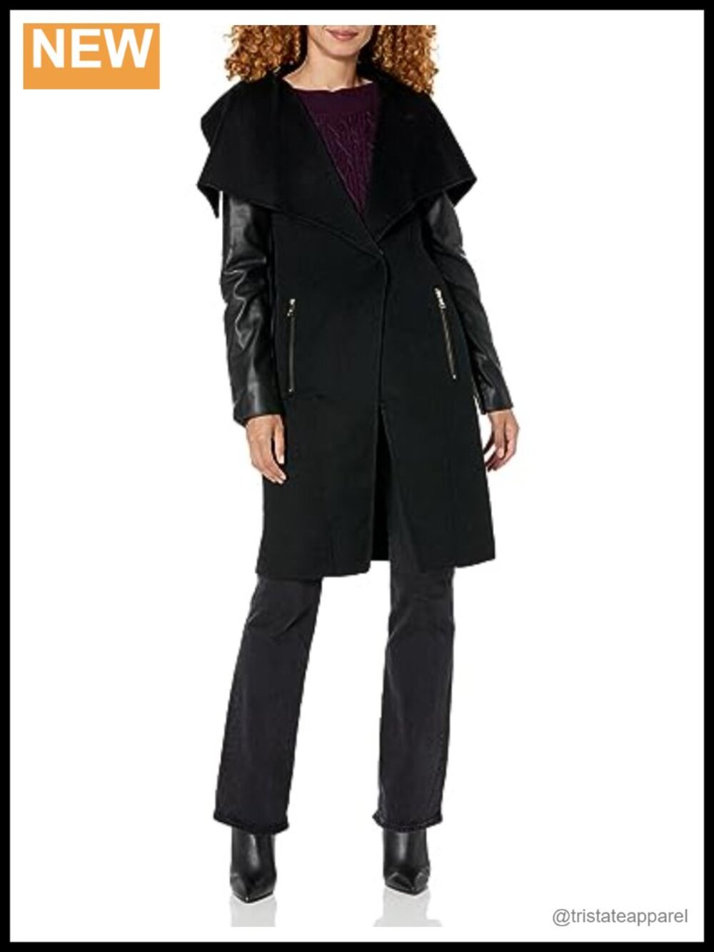 Double Faced Wool Military Long Coat with Faux Leather Sleeves
